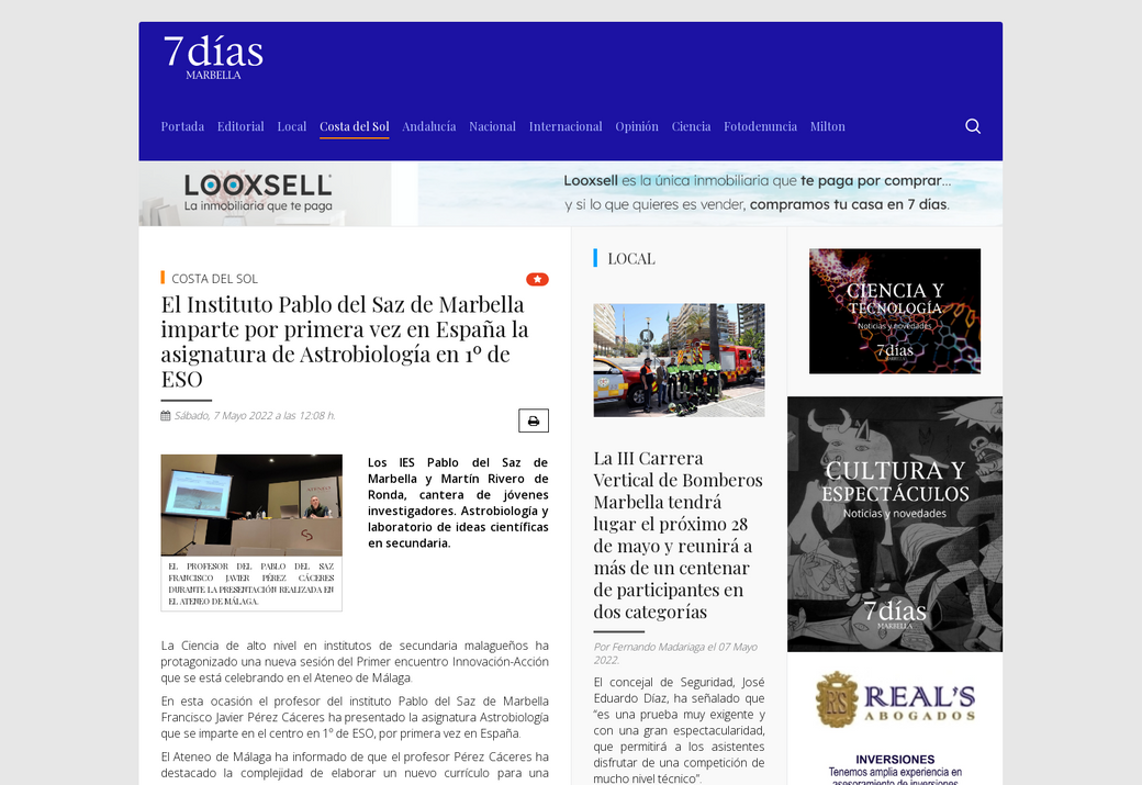 El Instituto Pablo del Saz de Marbella imparte por primera vez en España la asignatura de Astrobiología en 1º de ESO